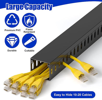 ZhiYo H1.4 x W1.6in Server Rack Cable Management Raceway, 12ft (4xL3ft) Cable Duct Kit, Electrically Safe PVC for Network Wire Management, Open Slot Cord Hider for Computer Under Desk, Black