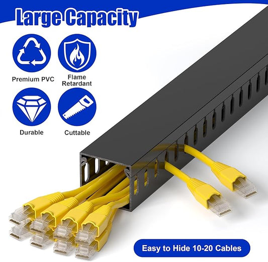 ZhiYo H1.4 W1.6 in Server Rack Cable Management Raceway, 99in (6X L16.5in) Cable Raceway Kit, Electrically Safe PVC Open Slot Wire Cord Hider for Under Desk/Computer/Network Cords, Black, H35 W40mm