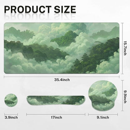 Britimes Green Cloud Keyboard Mouse Pad Set Forest Mountain Aesthetic 4in1 Large Mousepad+Keyboard Wrist Rest+Mouse Wrist Rest+Coaster Ergonomic Design for Home Office Computer 35.4x15.7 inches