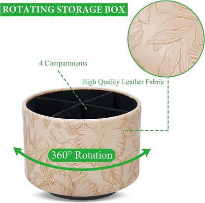 Round Leather Art Supply Organizer,Remote Control Holder,360 Degree Spinning,Multi-Functional Pencil Holder,4 Compartments Desktop Stationary Organizer(1-Carved Light Brown)