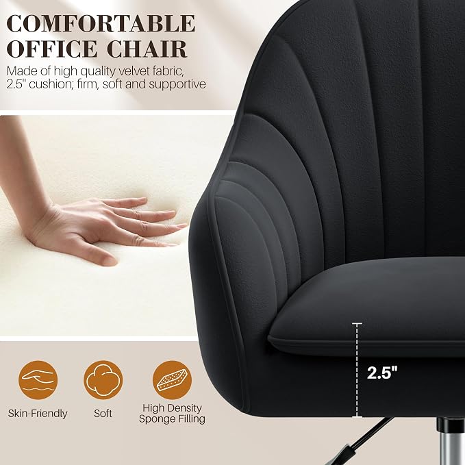 Vanity Chair with Wheels, Comfy Home Office Desk Chairs Adjustable Modern Velvet Makeup Vanity Chairs for Bedroom Living Room-Black