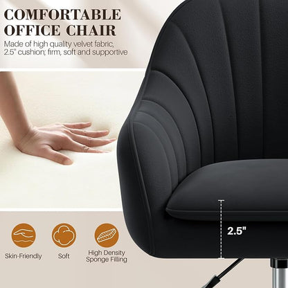 Vanity Chair with Wheels, Comfy Home Office Desk Chairs Adjustable Modern Velvet Makeup Vanity Chairs for Bedroom Living Room-Black