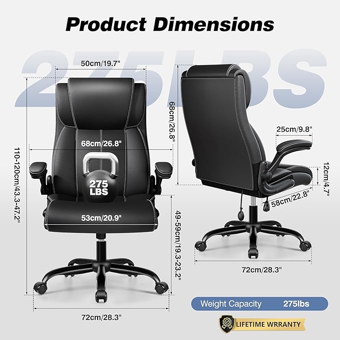 BESTFAIR Ergonomic Office Chair - Desk Computer Chair, Leather High Back Executive Chairs with Adjustable Lumbar Support & Flip Up Arms, Black 2 Pack