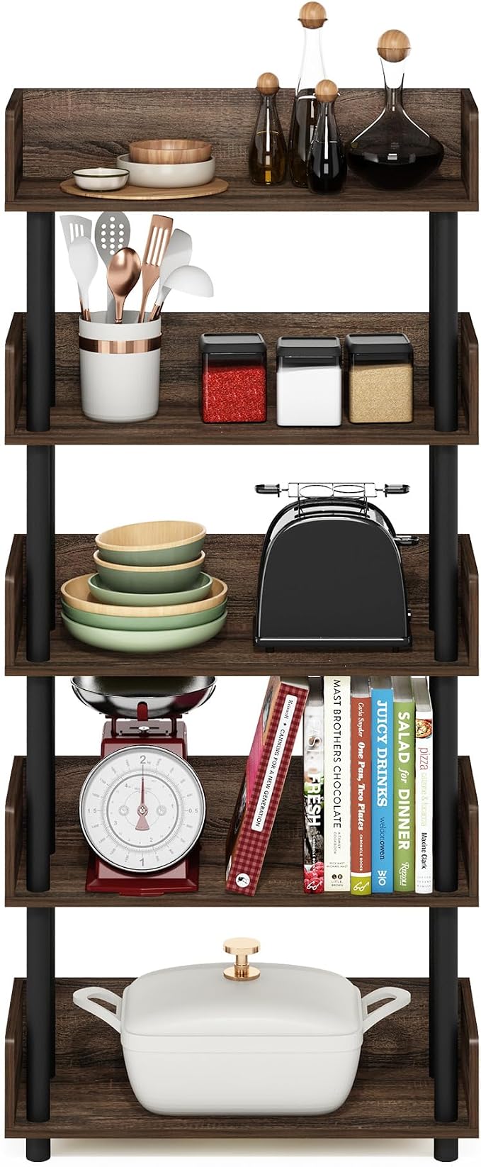 Furinno Turn-N-Tube 5-Tier Toolless Freestanding Multipurposes Display Rack, Walnut