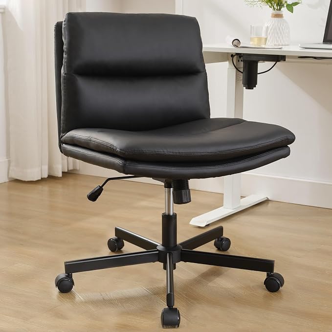 Okeysen Criss Cross Chair with Wheels, Armless Wide Seat Cross Legged Comfy Office Desk Chair, PU Leather Height Adjustable Swivel Computer Task Chairs for Home, Office, Vanity, Black