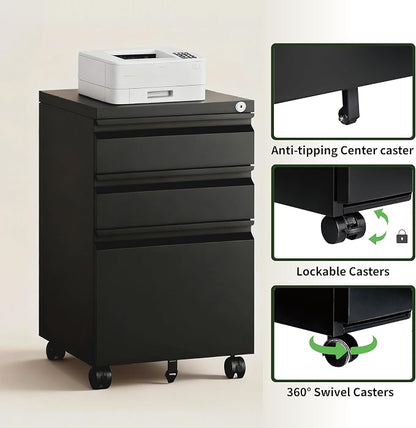 3 Drawer File Cabinet with Lock,Rolling Mobile File Cabinet with Wheels for Home Office,Under Desk Metal Filing Cabinet,Office Storage Organizer,Fully Assembled,Black