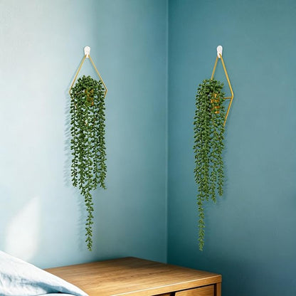 Artificial Hanging Plants with Geometric Metal Wall Planter, Faux String of Pearls Hanging Plant, Fake Succulent Vine Potted Plant for Wall Decor, Indoor Outdoor Home Office Garden Patio Decoration