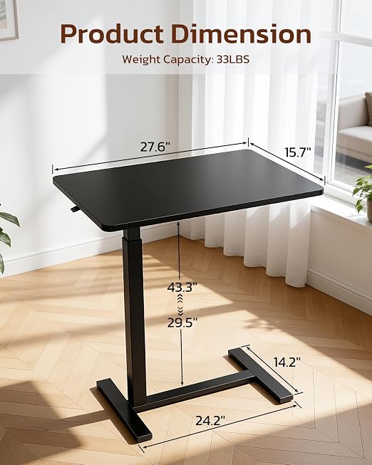 Overbed Bedside Table with Hidden Casters, Adjustable Pneumatic Mobile Laptop Computer Standing Desk, Rolling Laptop Table, Movable Overbed Table Hospital Home Use, Black