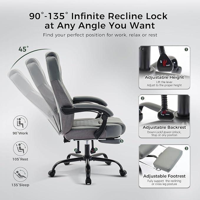 amseatec Big and Tall Office Chair with Footrest, Ergonomic Leather High Back Computer Chair Infinite Lock Reclining 90°-135°,20 Spring Packs,300lbs Executive Desk Chair for Home Office（Gray）