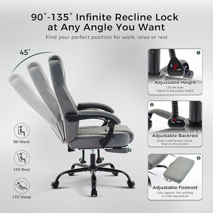 amseatec Big and Tall Office Chair with Footrest, Ergonomic Leather High Back Computer Chair Infinite Lock Reclining 90°-135°,20 Spring Packs,300lbs Executive Desk Chair for Home Office（Gray）