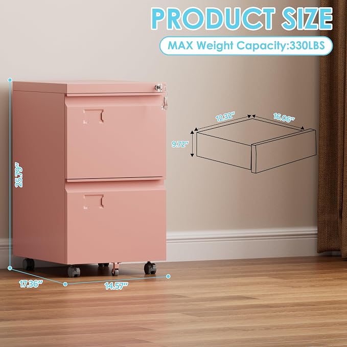 Aobabo Rolling File Cabinet with Lock,2 Drawer Metal Filing Cabinet for Home Office & Under Desk, Heavy-Duty Mobile Storage with 5 Wheels (Anti-Tilt), Fits Letter/Legal,Pink,Required Assembly