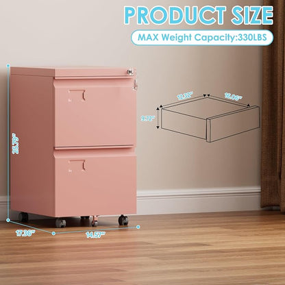 Aobabo Rolling File Cabinet with Lock,2 Drawer Metal Filing Cabinet for Home Office & Under Desk, Heavy-Duty Mobile Storage with 5 Wheels (Anti-Tilt), Fits Letter/Legal,Pink,Required Assembly