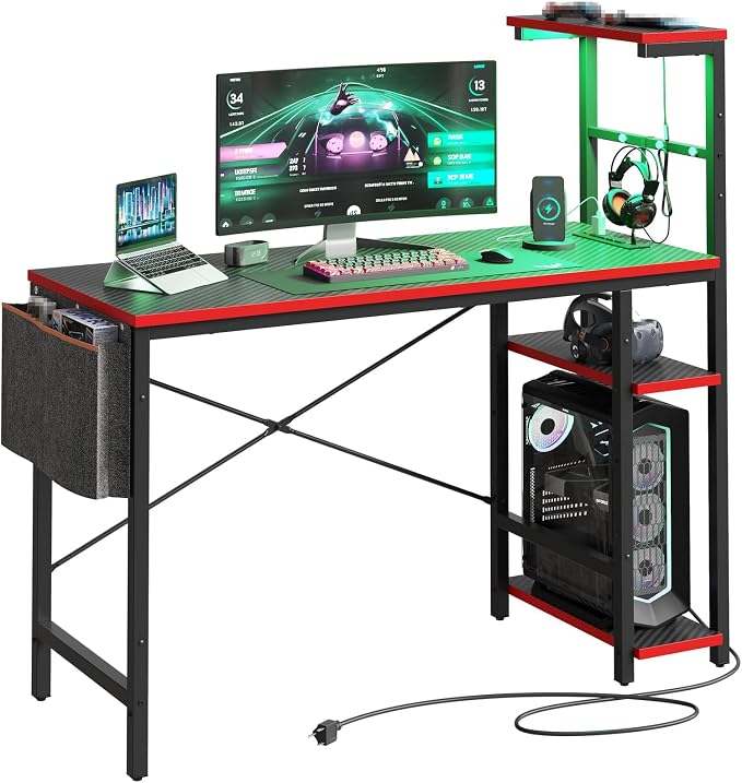 Bestier Gaming Desk with Power Outlets, 44 Inch Led Gamer Desk with 4 Tiers Reversible Shelves, PC Gaming Table with Headset Hook & Side Storage Bag for Bedroom (Black 3D Carbon Fiber)