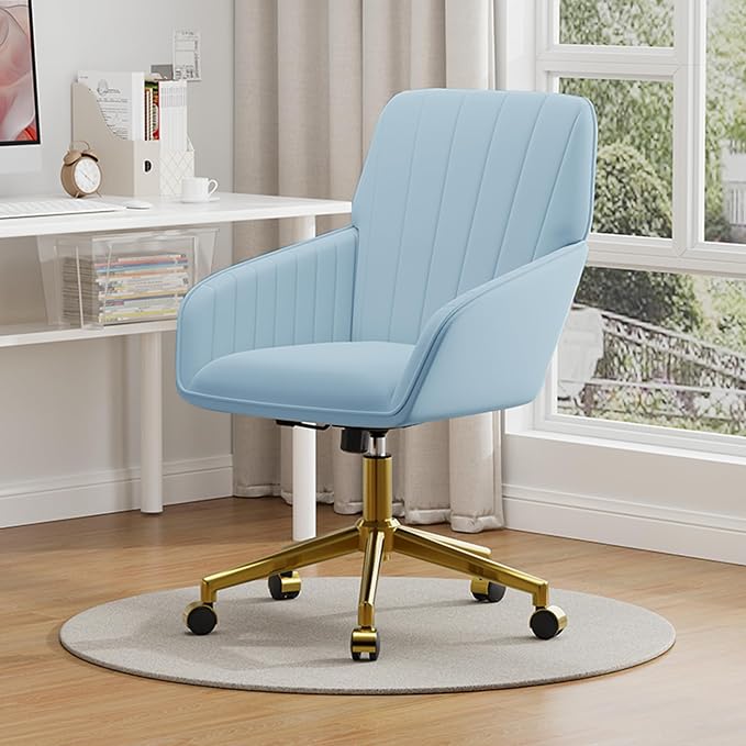 YISHENG Velvet Office Desk Chair with Gold Base, with Wheels,Modern Height Adjustable 360 Degree Swivel Upholstered Vanity Chairs with Arms for Living Room Bedroom,Sky Blue