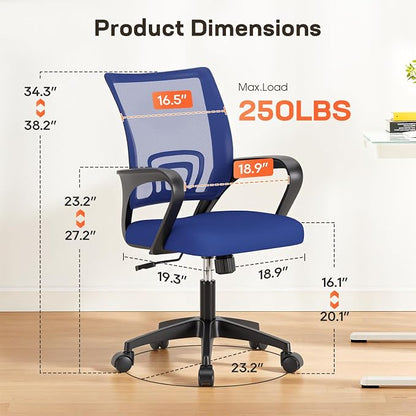 BestOffice | Ergonomic Office Chair | Mid-Back Swivel Desk Chair | Breathable Backrest & Lumbar Support | Adjustable Height | Sponge Seat | Rolling Wheels | Blue | for Adults & Women