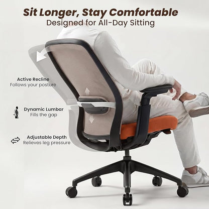 COLAMY Aether Executive Office Chair for Long Hours, One-Touch Easy Adjust Managerial Desk Chair with Levitating Seat Cushion & Pilot-Level Sync Armrests, 300 LBS Mid Back Mesh Computer Chair,Orange