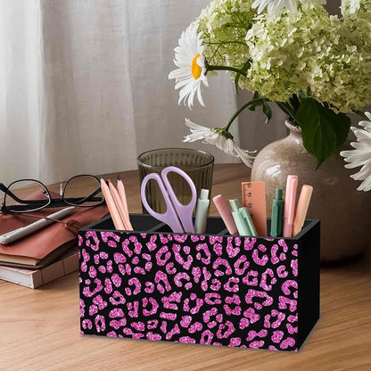 DILSJ Pink Cheetah Print Office Supplies Pen Pencil Holder Organizer for Desk, Coquette Room Decor, Preppy Leopard Black Wooden Box Signs for Women Home Office Desk Tabletop Decoration