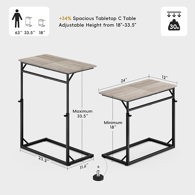Vagusicc C Shaped End Table, 33.5"Tall Side Table for Couch, C-Table Sofa Table Adjustable Height Side Table, Large Surface Slide Under Couch Table, Coffee Table TV Tray for Living Room, Bedroom, Grey