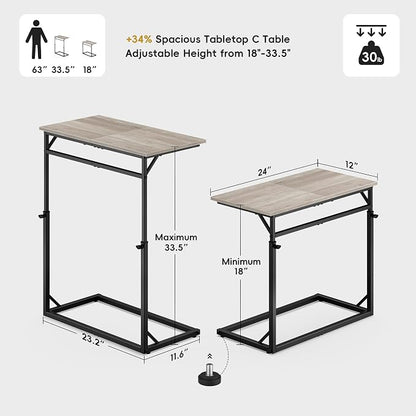 Vagusicc C Shaped End Table, 33.5"Tall Side Table for Couch, C-Table Sofa Table Adjustable Height Side Table, Large Surface Slide Under Couch Table, Coffee Table TV Tray for Living Room, Bedroom, Grey