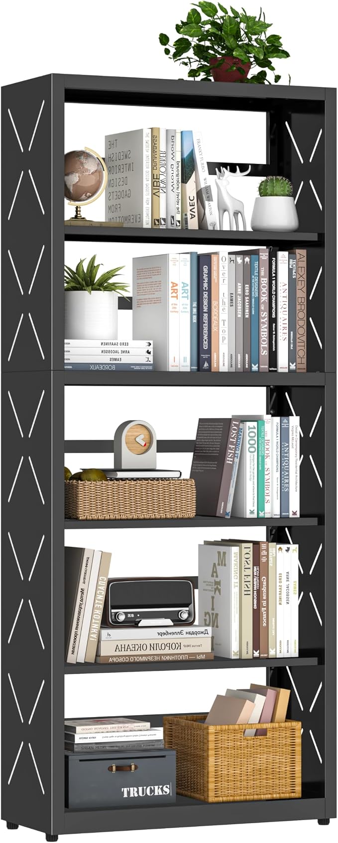 UNICOLY 5 Tier Black Bookshelf, 55" H Tall Bookshelf with 5 Storage Shelves, Heavy Duty Deep Shelves, Open Shelf Bookcase with 5 Bookends, Modern Display Shelves for Books, Toys, CD, W23×D10“