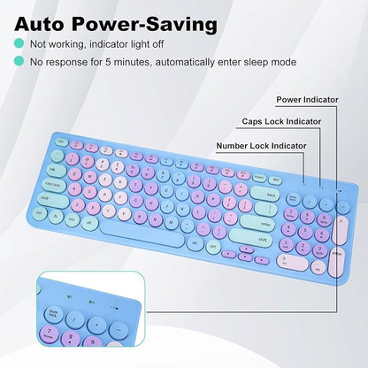 Wireless Keyboard and Mouse Combo, Retro Typewriter Keyboard with Round Keycaps, 2.4GHz USB Cute Wireless Keyboard Mouse for Computer, Desktop, Laptop and Computer (Rainbow Blue)