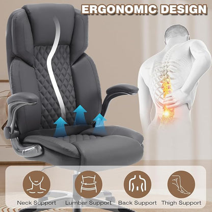 Executive Office Chair with Flip up Arms, Ergonomic PU Leather Office Chairs with Wheels, 90-120° Rocking High Back Office Desk Chair with Lumbar Support, Swivel Task Chairs(Grey)
