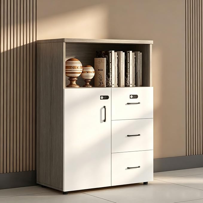File Cabinet with Password Lock, Wood Lateral Filing Cabinet for Letter/A4 Files, 3 Drawer with Door, Printer Stand with Open Shelves for Home Office
