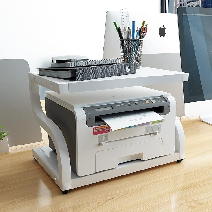 PUNCIA 2 Tier Wood Printer Stand with Storage Heavy Duty Desktop Shelf | White Modern Minimalist Style Fits Laser Printers Copiers Fax Machines, Organizer for Home Office Dorm Small Spaces