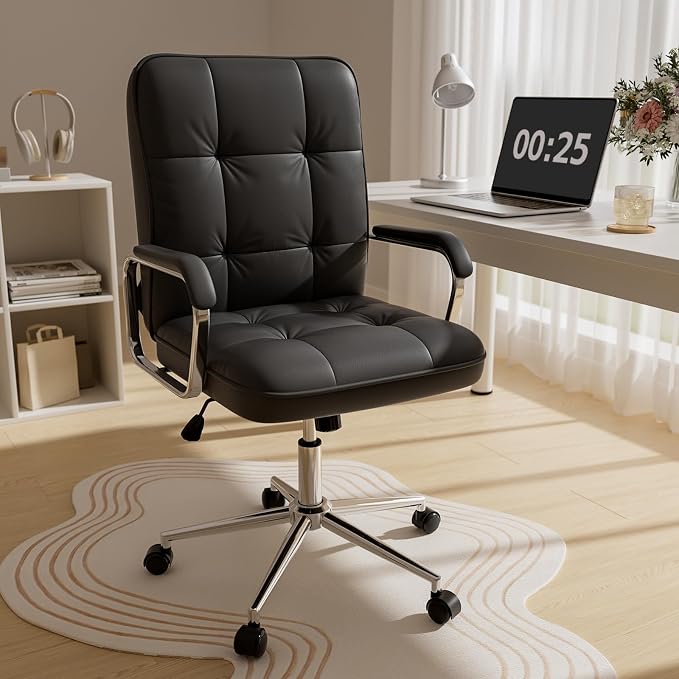HomeZeer Black Office Chair, Mid Back Leather Desk Chair with Wheels and Padded Arms, Swivel Vanity Chair for Bedroom, Computer Chair for Study and Work