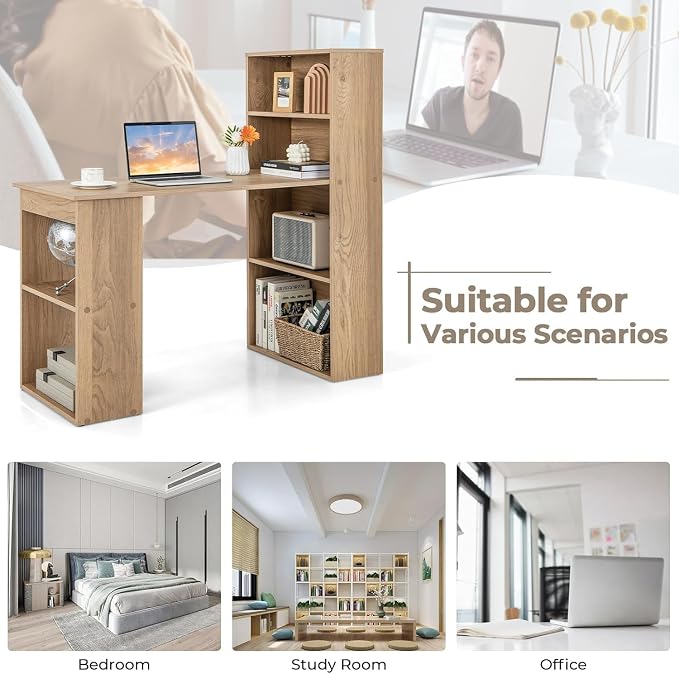 LDAILY Computer Desk with Bookshelf, 48” Modern Office Desk w/ 6-Tier Storage Shelves, CPU Stand, Wider Base, 3-in-1 Reversible Study Table, Writing Desk for Home Office, Bedroom, Study Room (Natural)