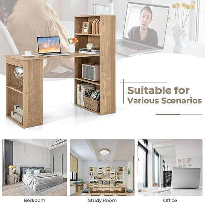 LDAILY Computer Desk with Bookshelf, 48” Modern Office Desk w/ 6-Tier Storage Shelves, CPU Stand, Wider Base, 3-in-1 Reversible Study Table, Writing Desk for Home Office, Bedroom, Study Room (Natural)