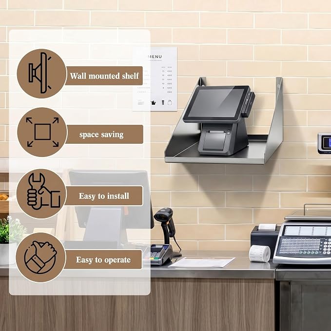 Hicarer Wall Mounted Pos Printer Shelf 7" x 10" x 5.5" Stainless Steel Receipt Ticket Printer Stand for Restaurant Cafe Retail Pos System, with Wire Take-up Hole