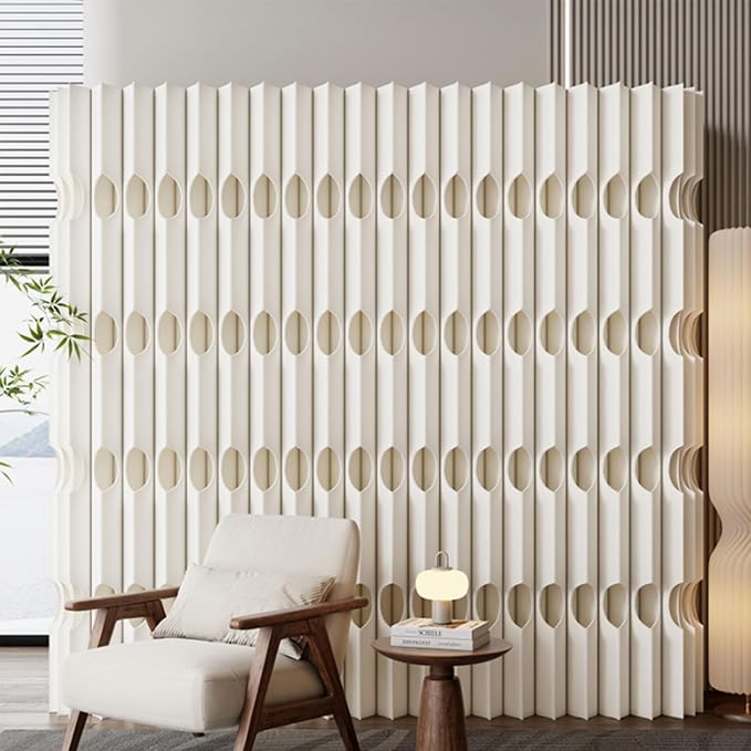 Foldable Accordion Room Divider, Wave-Shaped Freestanding Privacy Screen, Portable Paper Partition Wall, No Drilling Temporary Room Separator for Modern Home Office, Studio, Apartment, White