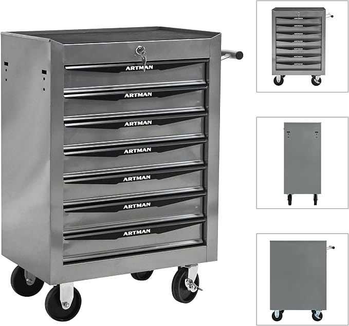 RYH 7 Drawers Rolling Tool Chest & Tool Box on Wheels | Heavy Duty Metal Cart with Ball Bearing Drawers | Fits US General Tool Box for Garage Storage (Silver, 7 Drawers（30.5" H × 20.9" W × 13" D)