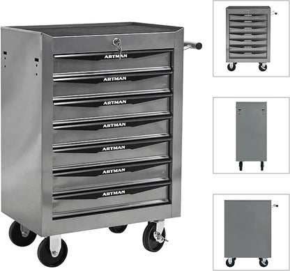 RYH 7 Drawers Rolling Tool Chest & Tool Box on Wheels | Heavy Duty Metal Cart with Ball Bearing Drawers | Fits US General Tool Box for Garage Storage (Silver, 7 Drawers（30.5" H × 20.9" W × 13" D)
