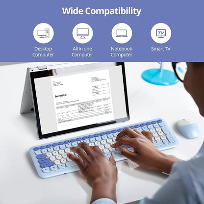 surmen Blue Keyboard and Mouse Wireless, Cute Wireless Typewriter, Full Size Slim Silent Keyboard Round Keys Aesthetic for Home and Office(Colorful Blue)
