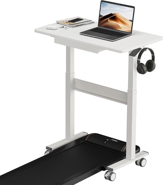 Standing Desk for Walking Pad with Wheels, Pneumatic Cordless Height Adjustable Rolling Desk, Mobile Computer Workstation with Drawer Hook Locking Casters for Treadmill & Home Office, White