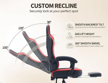 Office Desk Computer Gaming Chair for Adults, Ergonomic High Back Gamer Chair with Massage and Pocket Spring Cushion, Swivel Comfy Video Game Chairs with Footrest and Lumbar Support (Black Red)