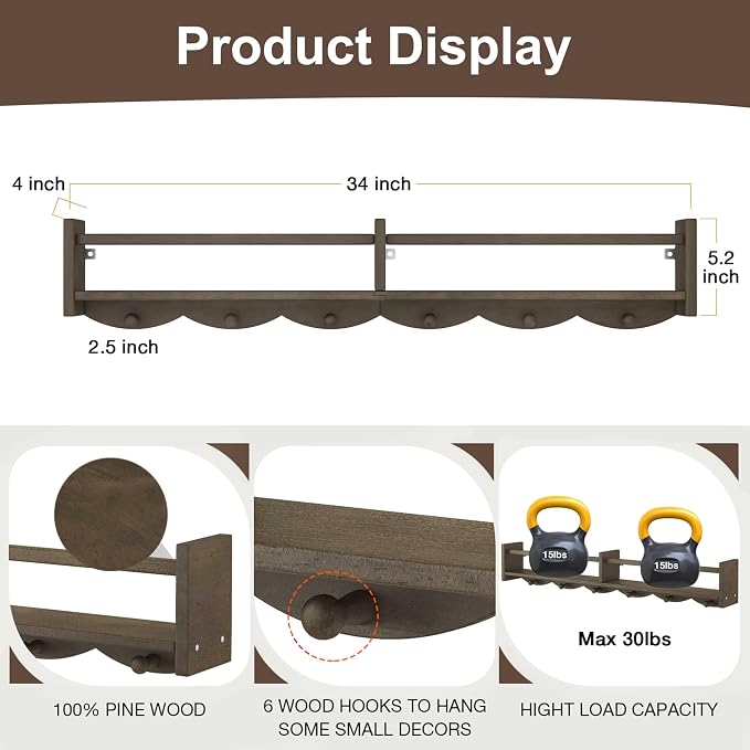 34Inch Nursery Bookshelves,Set of 4,Wall Floating Shelf Kids Coat Rack with 6Hooks,Hanging Book Shelf for Baby Nursery Room Décor (Dark Brown, 34)