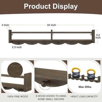 34Inch Nursery Bookshelves,Set of 4,Wall Floating Shelf Kids Coat Rack with 6Hooks,Hanging Book Shelf for Baby Nursery Room Décor (Dark Brown, 34)