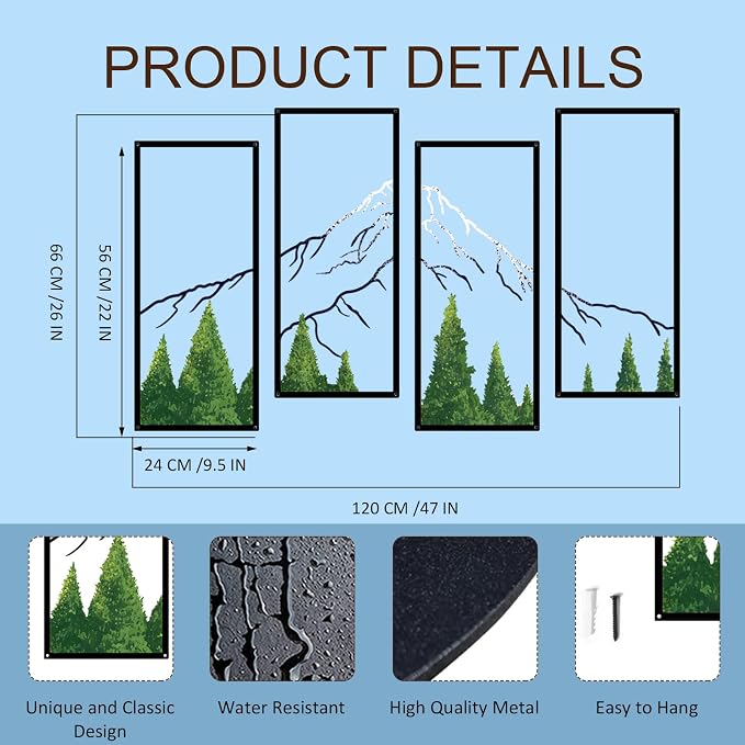 ruelen 4 Pcs Metal Mountain Forest Snow Mountain Wall Decorations，Large Abstract Minimalist Line Drawing Colorful Mountains Wall Art Home Decor for Living Room Bathroom Bedroom Office（Green，Large ）