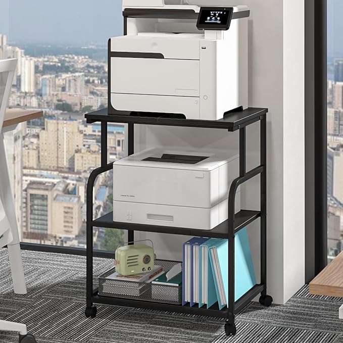 3-Tier Adjustable Large Printer Stand with Storage, Rolling Printer Cart with Lockable Wheels for Home, Office (Black)
