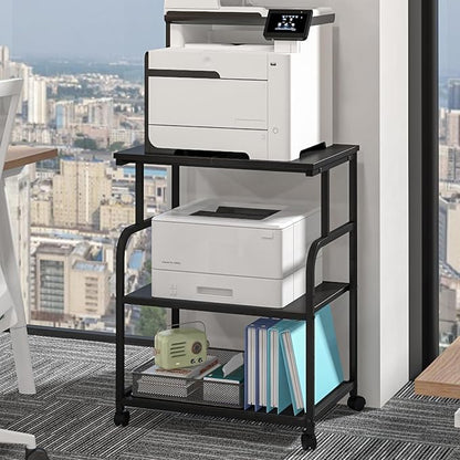 3-Tier Adjustable Large Printer Stand with Storage, Rolling Printer Cart with Lockable Wheels for Home, Office (Black)