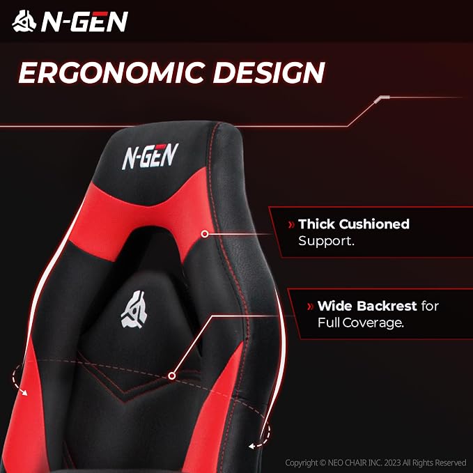 N-GEN Video Gaming Chair Ergonomic Computer Desk Office Chair with Lumbar Support Adjustable Height Swivel Wheels Flip-Up Arms PU Leather Home and Office (Classic Red)
