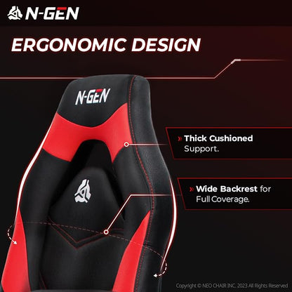 N-GEN Video Gaming Chair Ergonomic Computer Desk Office Chair with Lumbar Support Adjustable Height Swivel Wheels Flip-Up Arms PU Leather Home and Office (Classic Red)