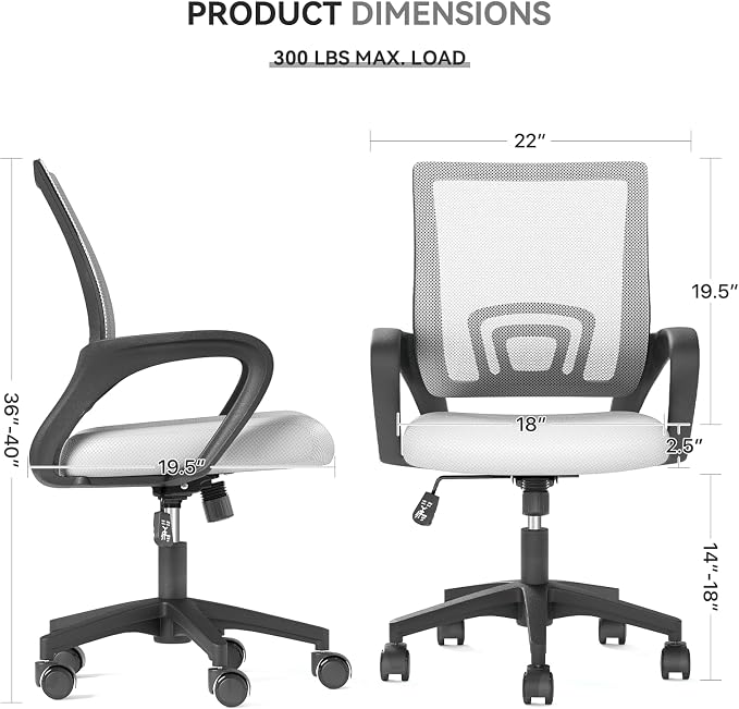 Office Chair, Ergonomic Mid-Back Mesh Desk Chair, 6 Pack, White | Lumbar Support, Adjustable Height, Rolling Wheels Design, Comfy Armrest, For Work, Study, Gaming