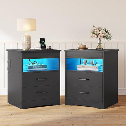 DICTAC Nightstand Set of 2 with Charging Station and LED Lights, Bedside Table with Lockable Sliding Desktop, Modern Night Stand with Storage Drawers and Open Shelf, End Table for Bedroom, Home Office