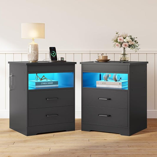 DICTAC Nightstand Set of 2 with Charging Station and LED Lights, Bedside Table with Lockable Sliding Desktop, Modern Night Stand with Storage Drawers and Open Shelf, End Table for Bedroom, Home Office