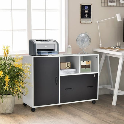 Lateral File Cabinet with Lock, Filing Cabinet for Legal/Letter/A4 Size Files, 40” Printer Stand with Open Storage Shelves for Home Office, Mobile File Cabinets on Wheels