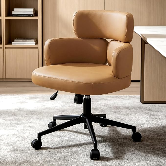 Leather Home Office Chair with Unique Curved Back, Wide Seat Computer Desk Chair with Wheels,Swivel Tilt & Height Adjustable,Matel Base for Home Office, PU Brown